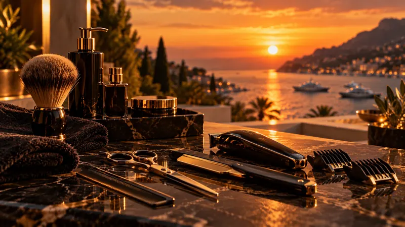 Outils de barbier sur un marbre noir, coucher de soleil sur la Côte d'Azur